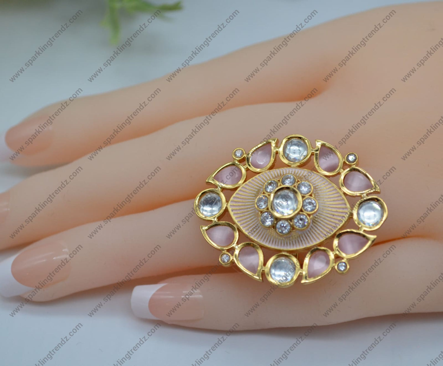 Uncut Foiled Kundan Adjustable Ring Pink Rings